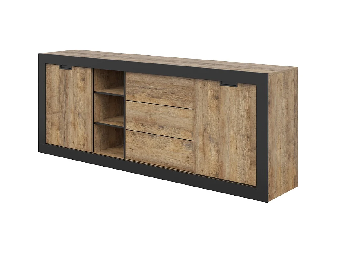 Pack Salon Loft MEUNIER – Meuble TV, buffet & table basse en Chêne Samdal & Noir Mat