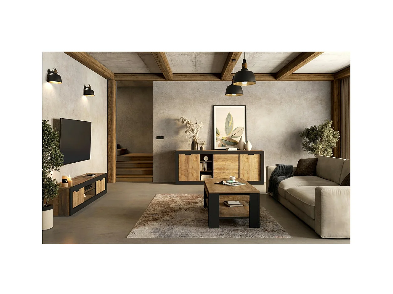 Pack Salon Loft MEUNIER – Meuble TV, buffet & table basse en Chêne Samdal & Noir Mat