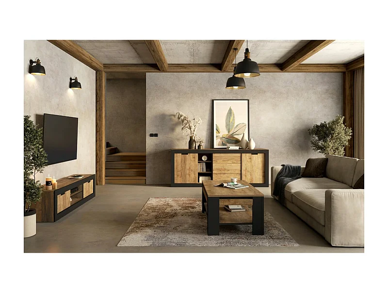 Pack Salon Loft MEUNIER – Meuble TV, buffet & table basse en Chêne Samdal & Noir Mat