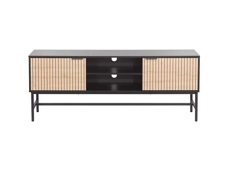 Meuble TV LOREENS 150 cm métal noir mat et bois rainuré design industriel