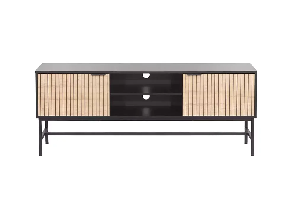 Meuble TV LOREENS 150 cm métal noir mat et bois rainuré design industriel