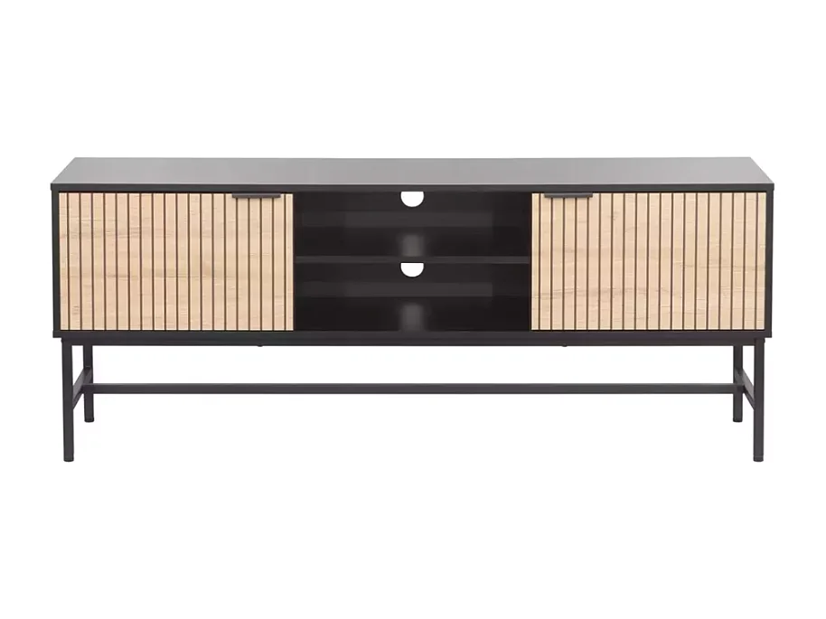 Meuble TV LOREENS 150 cm métal noir mat et bois rainuré design industriel