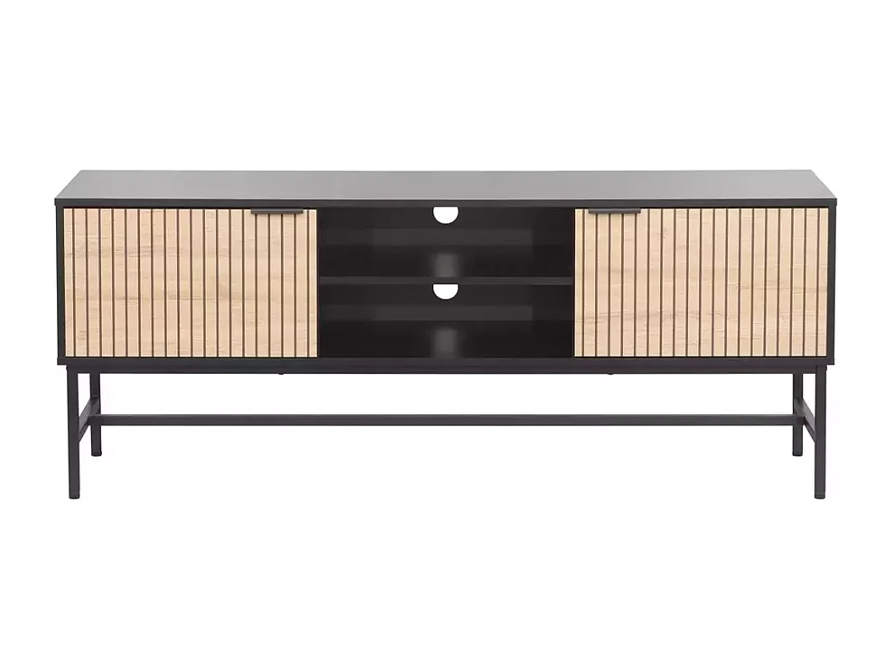 Meuble TV LOREENS 150 cm métal noir mat et bois rainuré design industriel