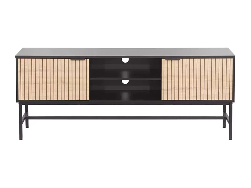 Meuble TV LOREENS 150 cm métal noir mat et bois rainuré design industriel