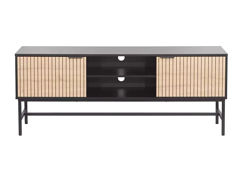 Meuble TV LOREENS 150 cm métal noir mat et bois rainuré design industriel