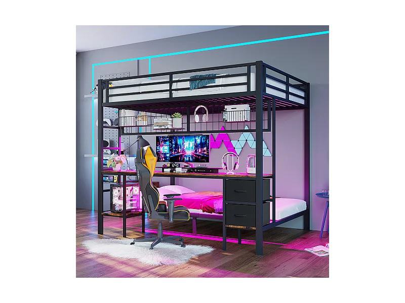 Kinder-Etagenbett - 90 x 200 + 140 x 200 cm - mit 2 Schubladen + Schreibtisch + LEDs + USB - Metall - schwarz