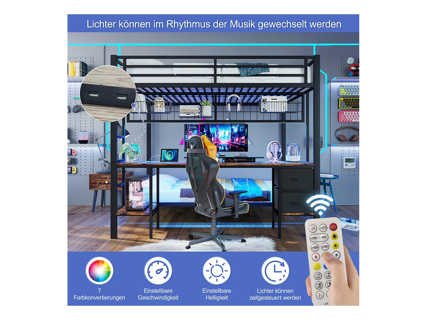 Lit superposé pour enfant - 90 x 200 + 140 x 200 cm - avec 2 tiroirs + bureau + Leds + USB - métal - noir