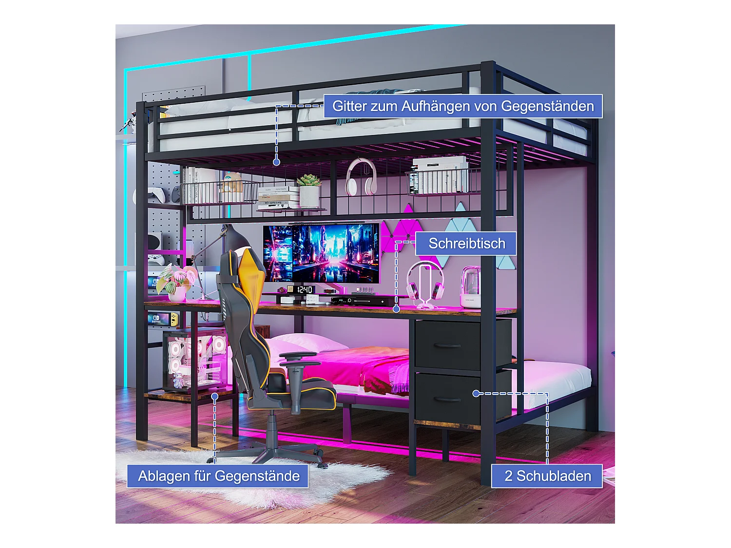 Lit superposé pour enfant - 90 x 200 + 140 x 200 cm - avec 2 tiroirs + bureau + Leds + USB - métal - noir