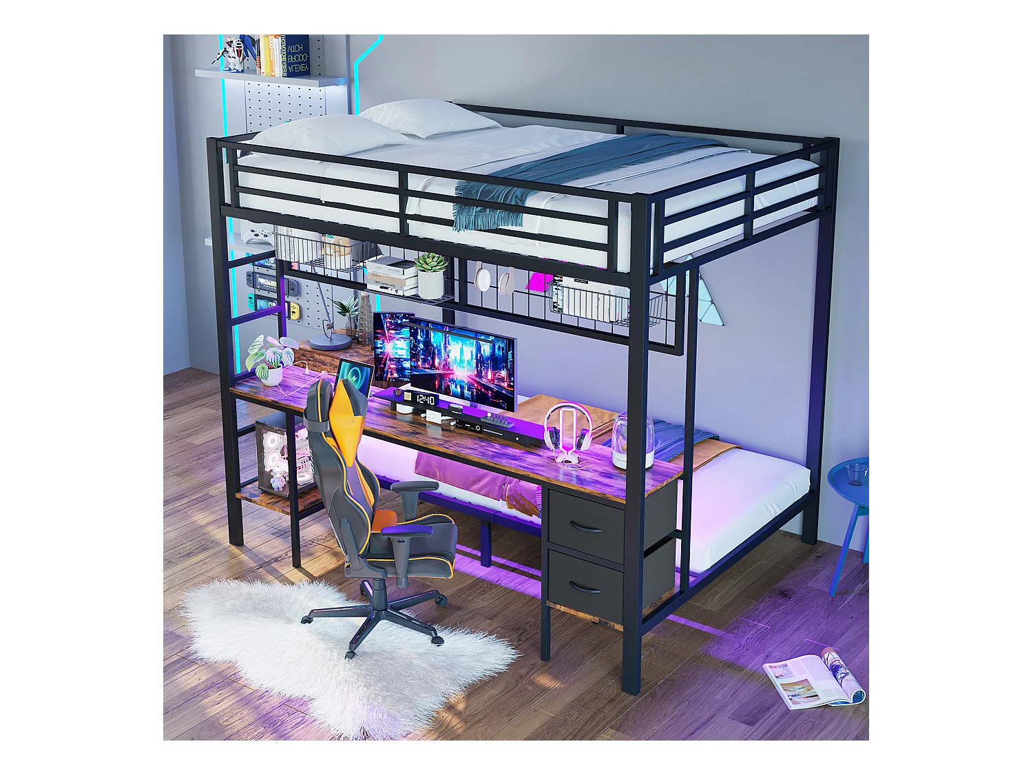 Lit superposé pour enfant - 90 x 200 + 140 x 200 cm - avec 2 tiroirs + bureau + Leds + USB - métal - noir