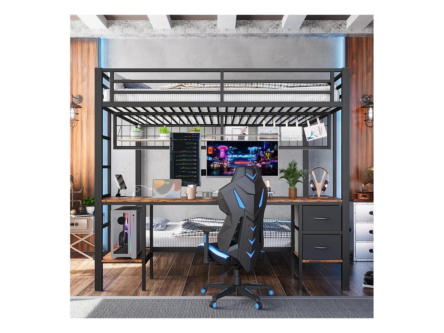 Lit superposé pour enfant - 90 x 200 + 140 x 200 cm - avec 2 tiroirs + bureau + Leds + USB - métal - noir