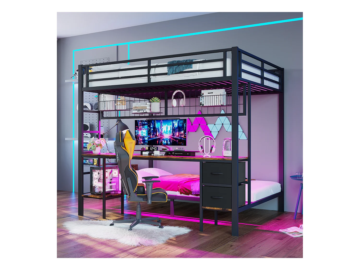 Kinder-Etagenbett - 90 x 200 + 140 x 200 cm - mit 2 Schubladen + Schreibtisch + LEDs + USB - Metall - schwarz