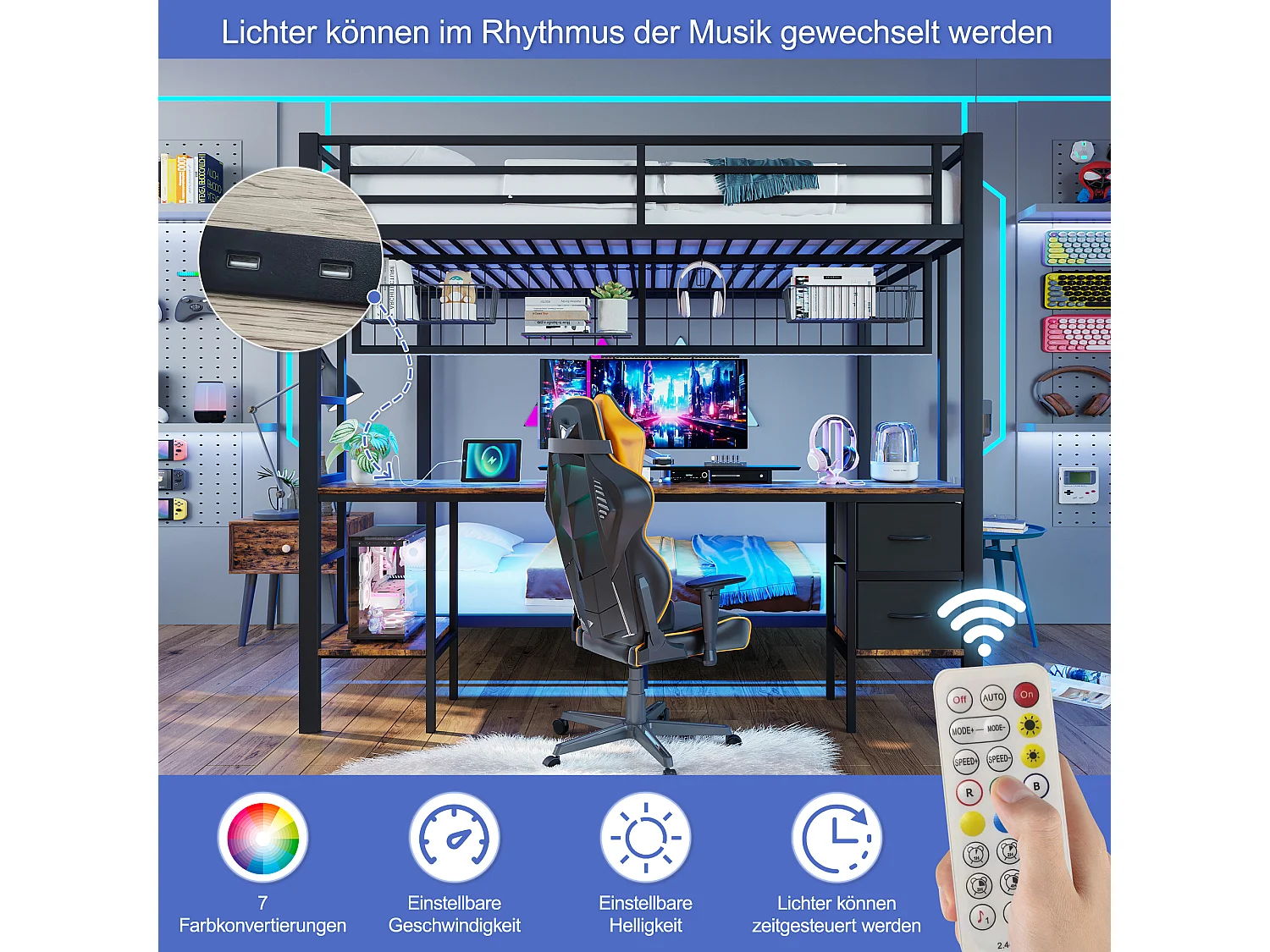 Lit superposé pour enfant - 90 x 200 + 140 x 200 cm - avec 2 tiroirs + bureau + Leds + USB - métal - noir