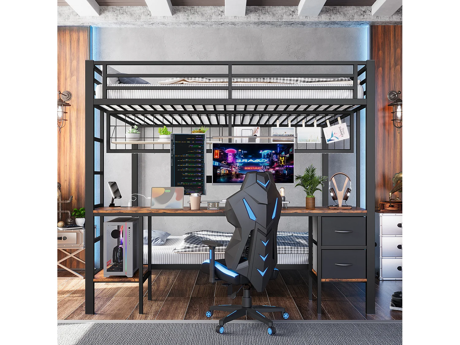 Lit superposé pour enfant - 90 x 200 + 140 x 200 cm - avec 2 tiroirs + bureau + Leds + USB - métal - noir