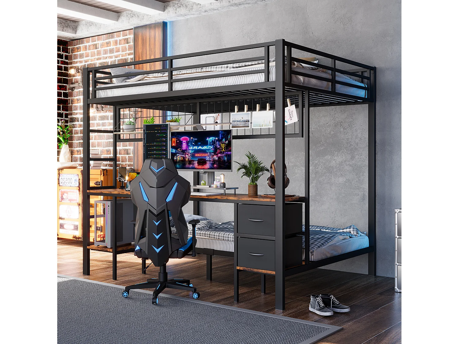 Lit superposé pour enfant - 90 x 200 + 140 x 200 cm - avec 2 tiroirs + bureau + Leds + USB - métal - noir