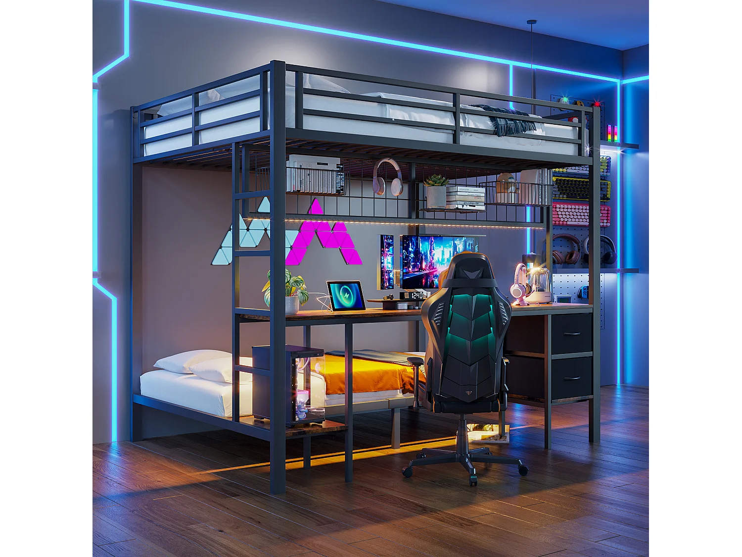 Kinder-Etagenbett - 90 x 200 + 140 x 200 cm - mit 2 Schubladen + Schreibtisch + LEDs + USB - Metall - schwarz