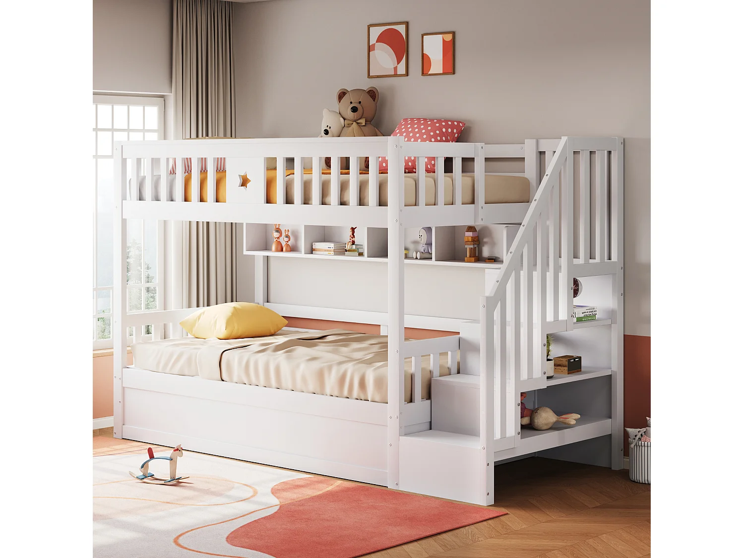 Letto a castello per ragazzi - 90 x 200 cm - contenitore idraulico + scaletta portaoggetti + ripiani - legno - bianco