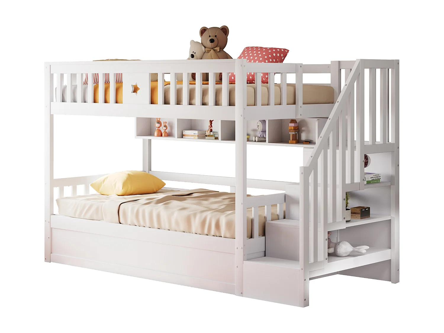 Letto a castello per ragazzi - 90 x 200 cm - contenitore idraulico + scaletta portaoggetti + ripiani - legno - bianco