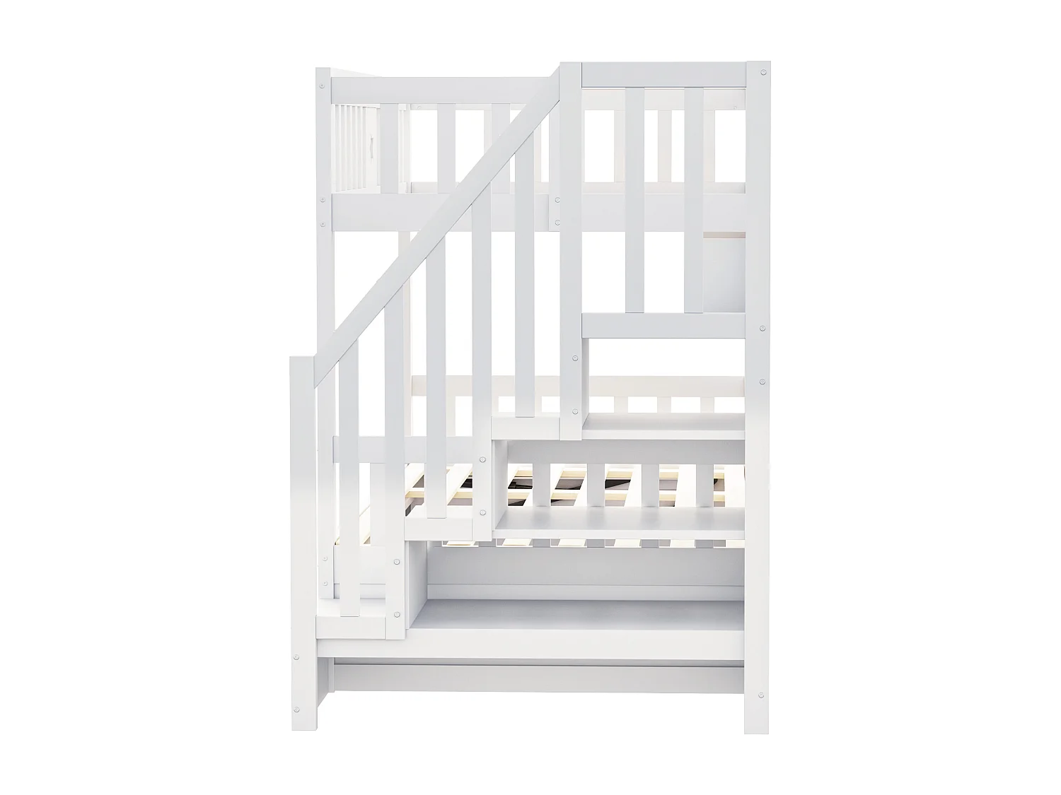 Letto a castello per ragazzi - 90 x 200 cm - contenitore idraulico + scaletta portaoggetti + ripiani - legno - bianco