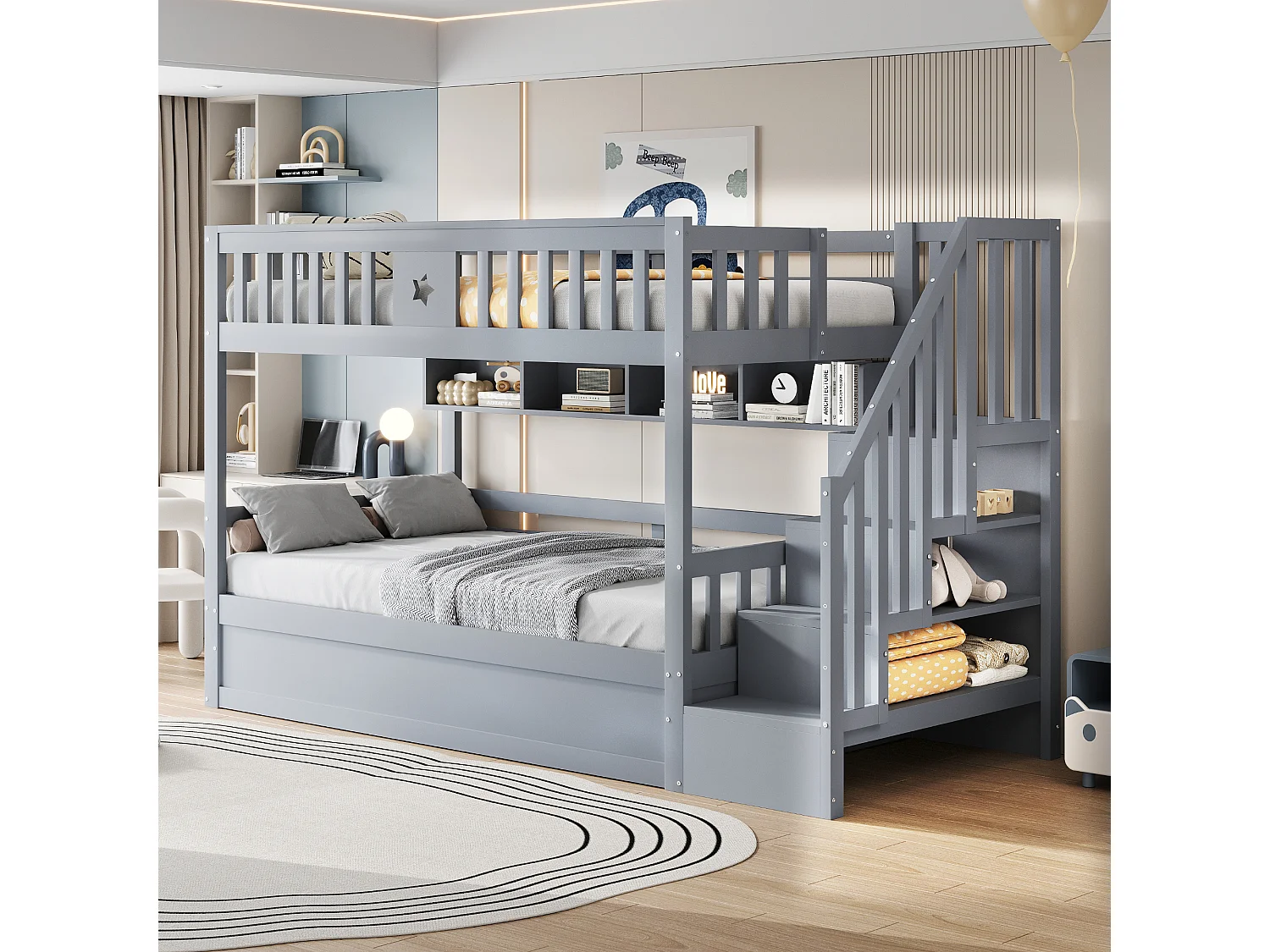 Letto a castello per ragazzi - 90 x 200 cm - contenitore idraulico + scaletta portaoggetti + ripiani - legno - grigio