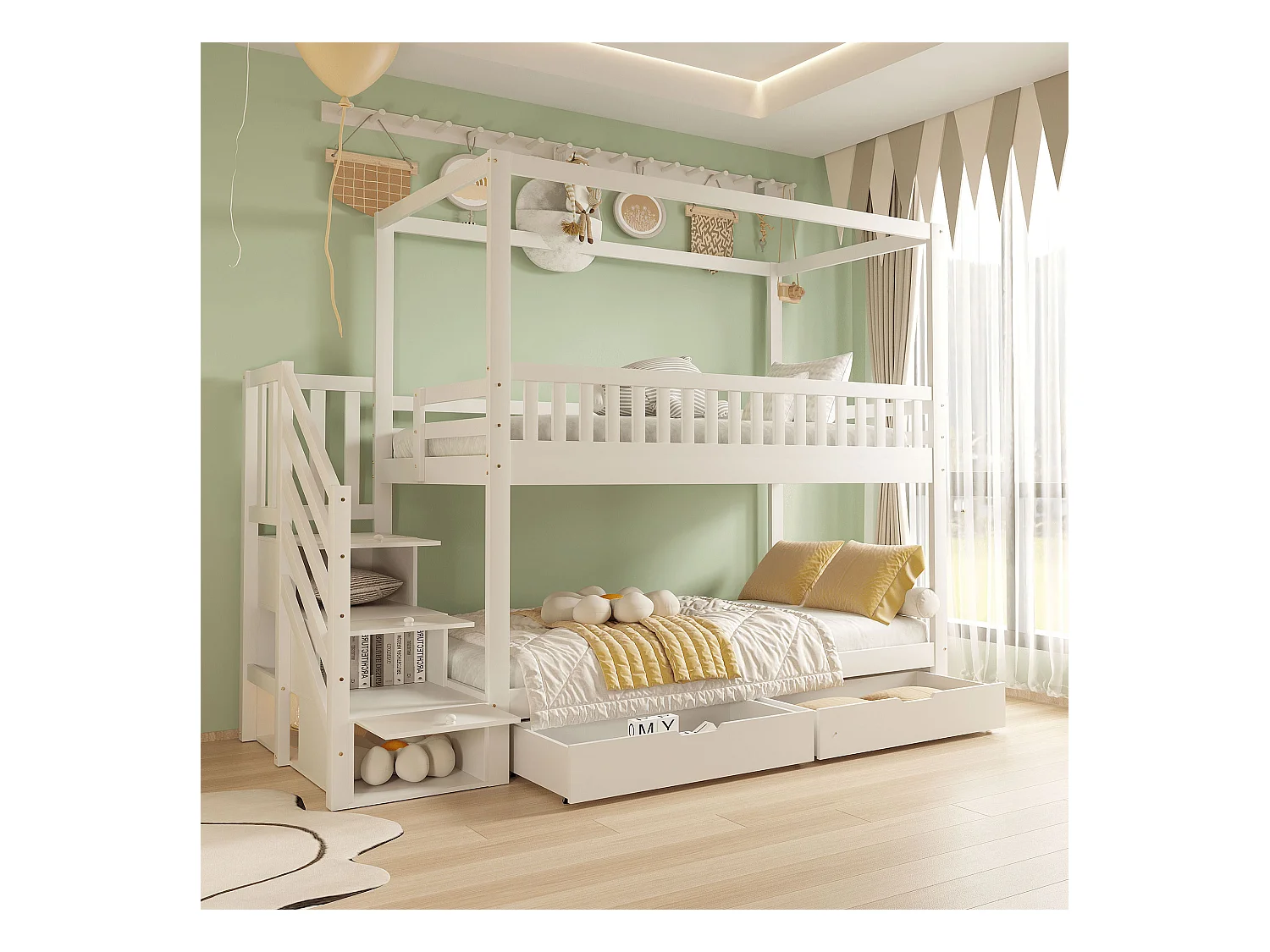 Lit superposé pour enfant - 2 x 90 x 200 cm - 3 rangements dans l'escalier + 2 tiroirs - bois - blanc