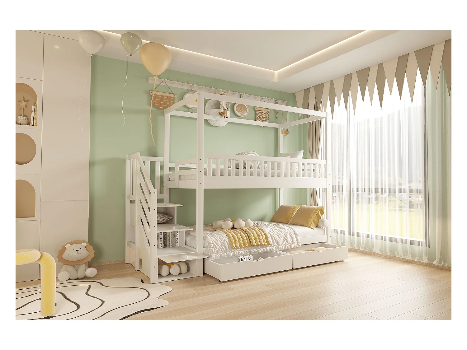 Lit superposé pour enfant - 2 x 90 x 200 cm - 3 rangements dans l'escalier + 2 tiroirs - bois - blanc
