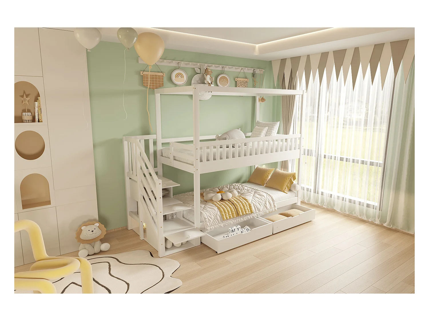 Lit superposé pour enfant - 2 x 90 x 200 cm - 3 rangements dans l'escalier + 2 tiroirs - bois - blanc