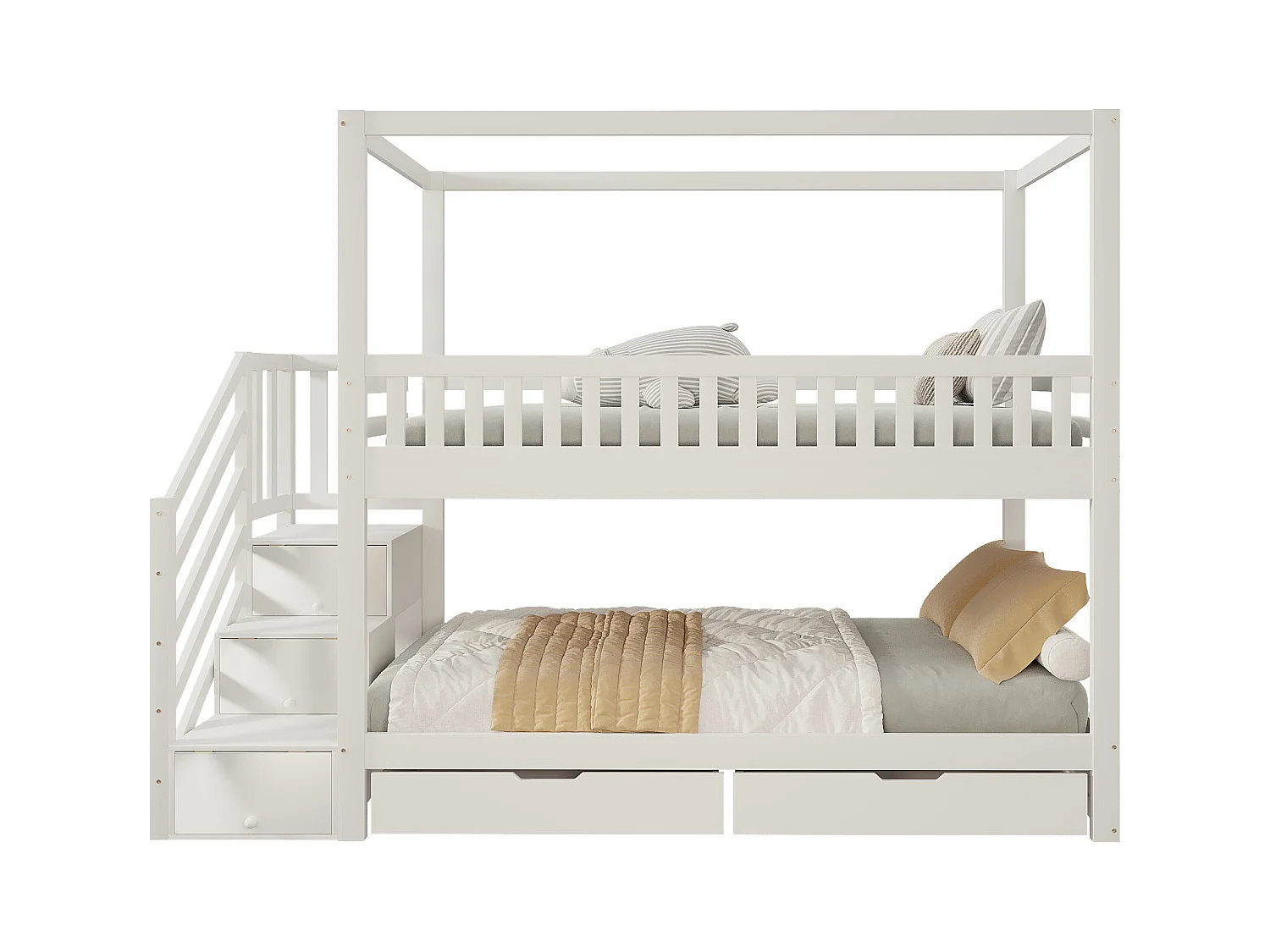 Lit superposé pour enfant - 2 x 90 x 200 cm - 3 rangements dans l'escalier + 2 tiroirs - bois - blanc