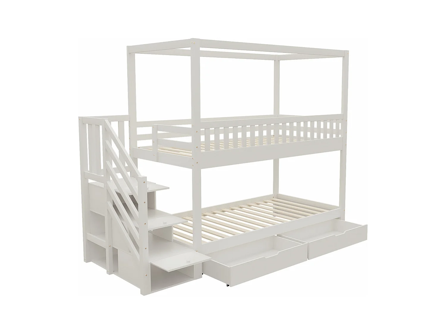 Lit superposé pour enfant - 2 x 90 x 200 cm - 3 rangements dans l'escalier + 2 tiroirs - bois - blanc