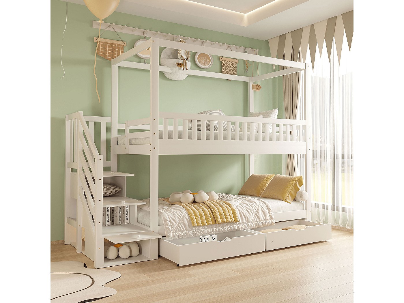 Letto A Castello A 3 Posti In Ferro 90x200 Cm – Con Scala E Sponda, Certificato EN747, Bianco, Adatto A Bambini E Adulti