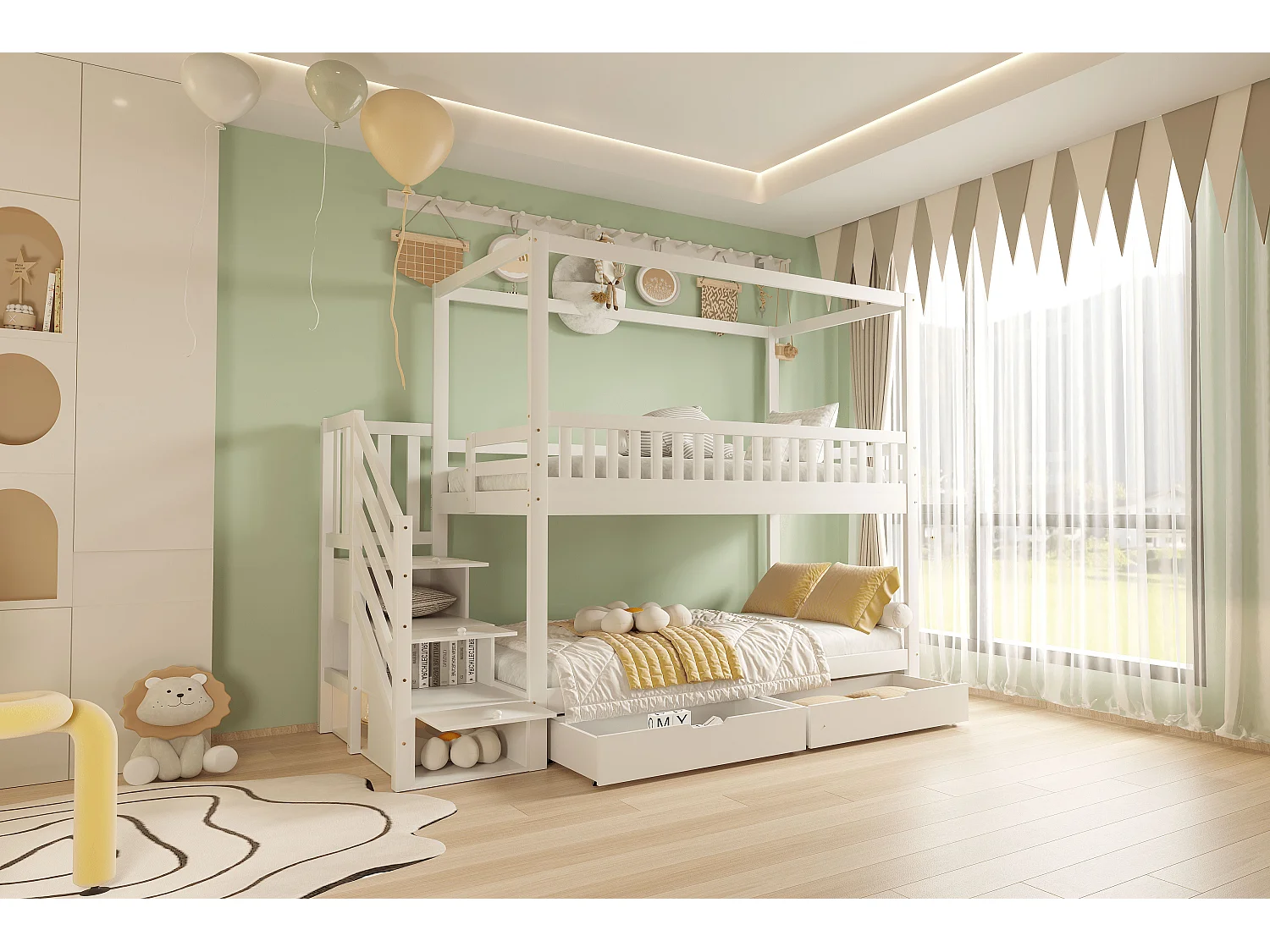 Lit superposé pour enfant - 2 x 90 x 200 cm - 3 rangements dans l'escalier + 2 tiroirs - bois - blanc