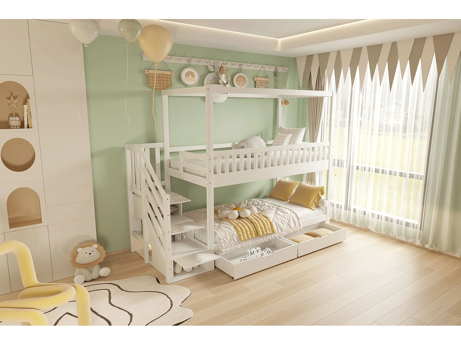 Lit superposé pour enfant - 2 x 90 x 200 cm - 3 rangements dans l'escalier + 2 tiroirs - bois - blanc