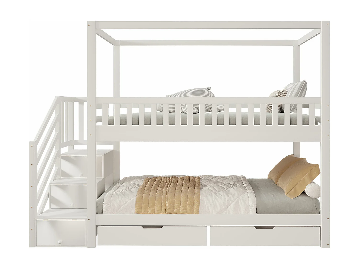 Lit superposé pour enfant - 2 x 90 x 200 cm - 3 rangements dans l'escalier + 2 tiroirs - bois - blanc