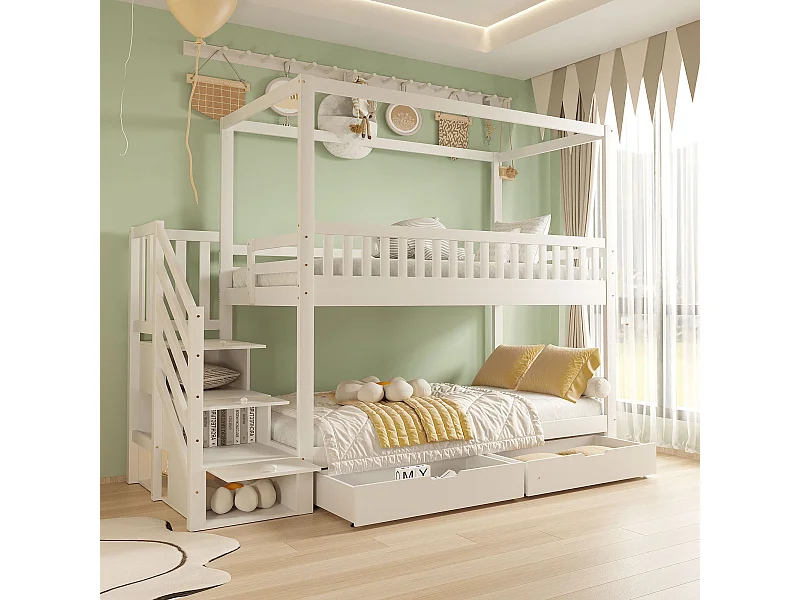 Lit superposé pour enfant - 2 x 90 x 200 cm - 3 rangements dans l'escalier + 2 tiroirs - bois - blanc