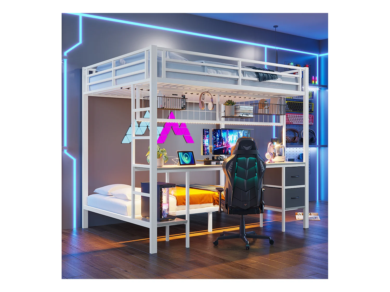 Lit superposé pour enfant - 90 x 200 + 140 x 200 cm - avec 2 tiroirs + bureau + Leds + USB - métal - blanc