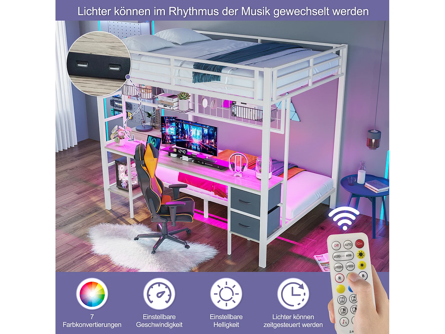 Lit superposé pour enfant - 90 x 200 + 140 x 200 cm - avec 2 tiroirs + bureau + Leds + USB - métal - blanc