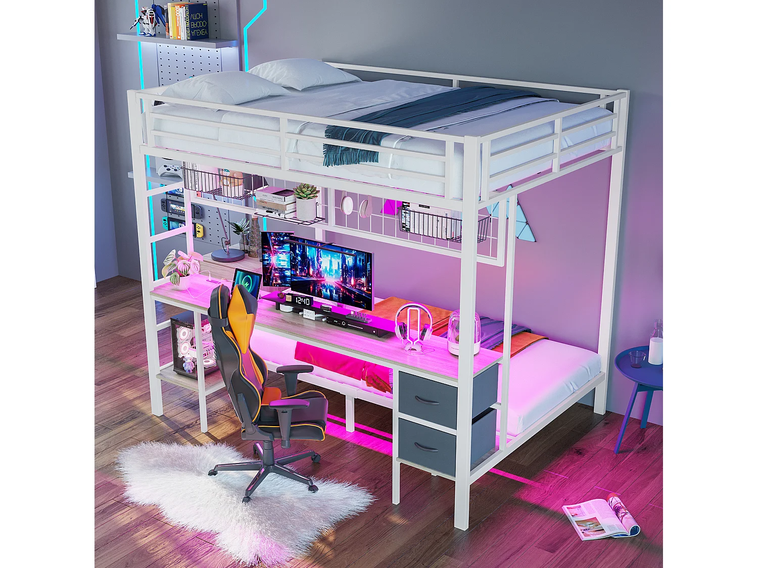 Lit superposé pour enfant - 90 x 200 + 140 x 200 cm - avec 2 tiroirs + bureau + Leds + USB - métal - blanc