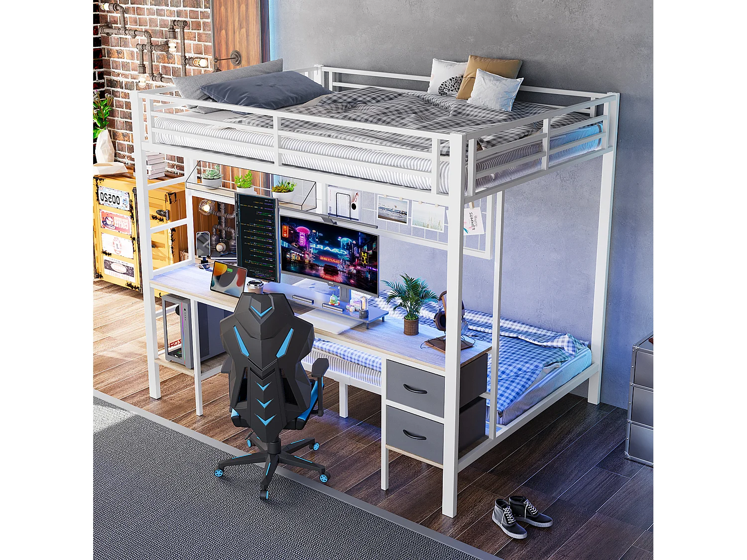 Lit superposé pour enfant - 90 x 200 + 140 x 200 cm - avec 2 tiroirs + bureau + Leds + USB - métal - blanc