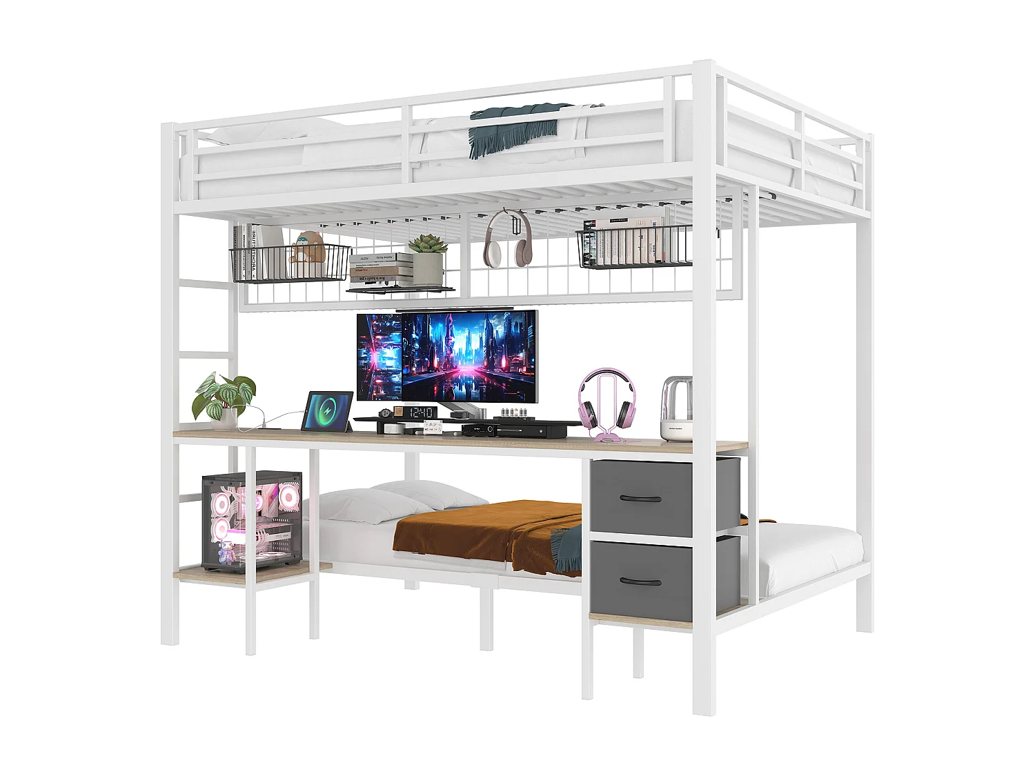 Lit superposé pour enfant - 90 x 200 + 140 x 200 cm - avec 2 tiroirs + bureau + Leds + USB - métal - blanc