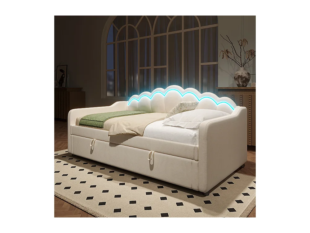 Sofá-cama hidráulico 90x200 cm, com espaço de arrumação, veludo, fita LED que muda de cor,Bege