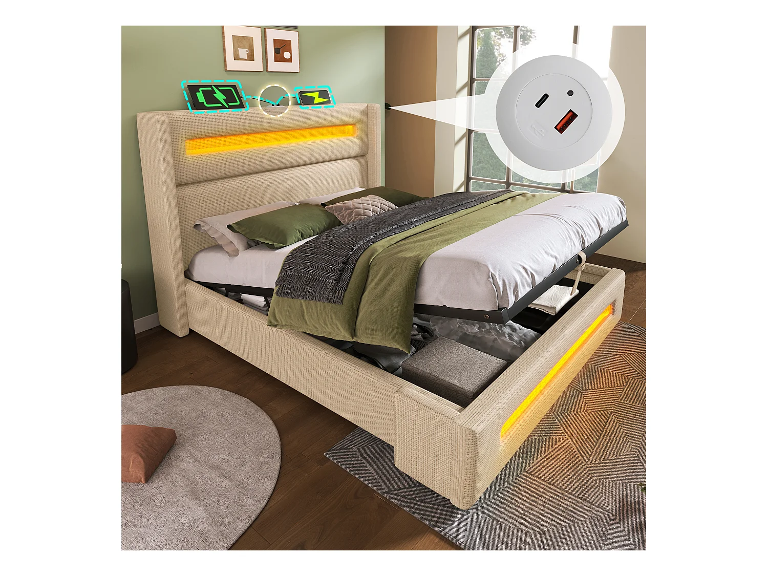Lit coffre rembourré double - 160 x 200 cm - avec Leds + chargement USB Type-C - lin - beige