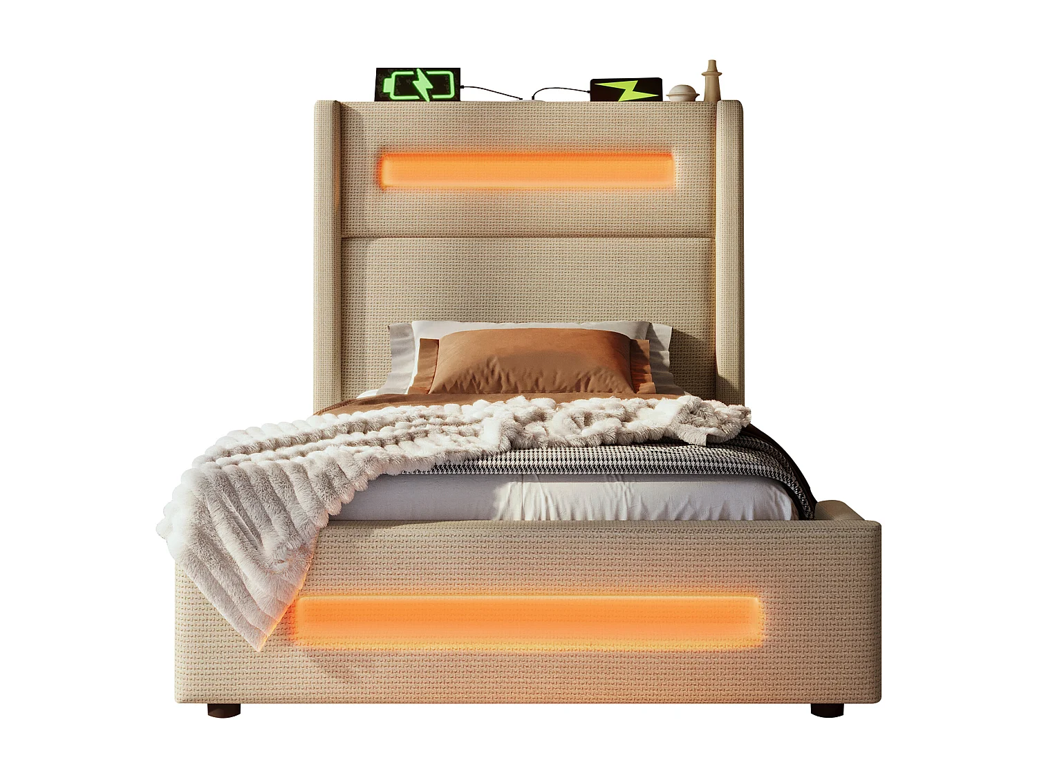 Gepolstertes Stauraumbett für Gelb - 90 x 200 cm - mit LEDs + USB Type-C Aufladen - Leinen - Beige