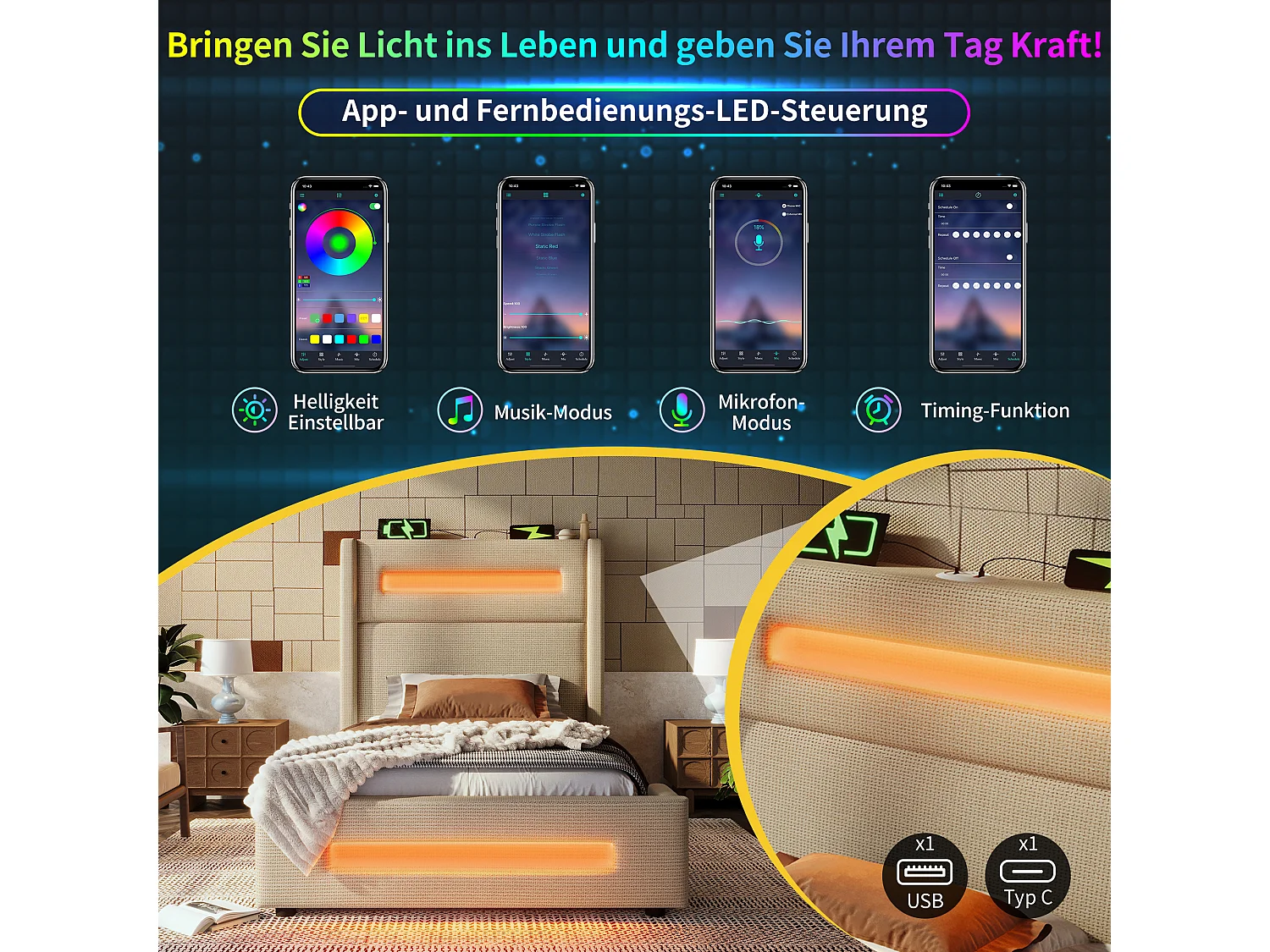 Lit coffre rembourré pour jaune - 90 x 200 cm - avec Leds + chargement USB Type-C - lin - beige