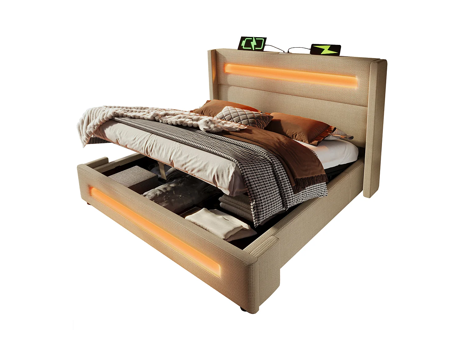 Gepolstertes Doppelbett mit Stauraum - 180 x 200 cm - mit LEDs + hydraulischem Stauraum + USB - Leinen - Beige