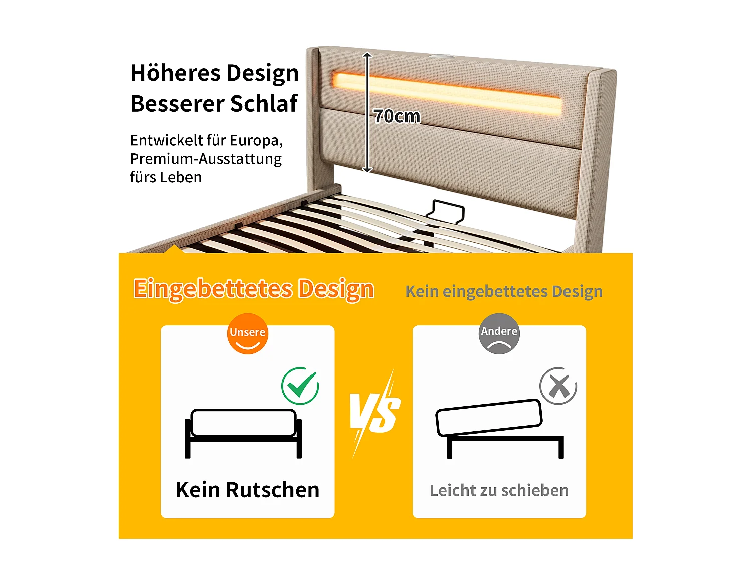 Gestoffeerd tweepersoonsbed met opbergruimte - 140 x 200 cm - met LED's + USB Type-C-oplader - linnen - beige