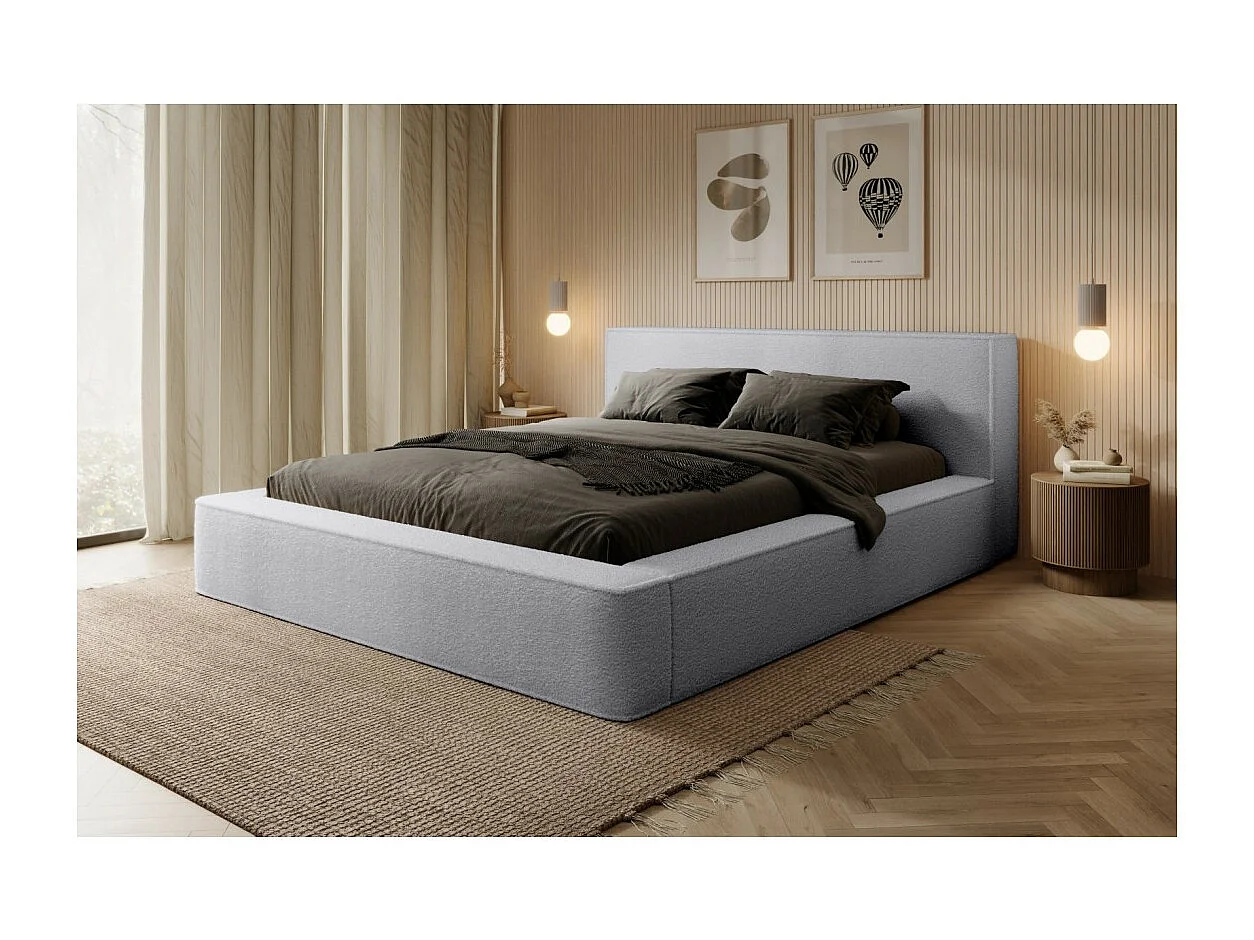 Cama con arcón DENALI – Gris perla rizado – 140x200 cm – Tela de terciopelo suave – Somier elevable – Almacenamiento integrado