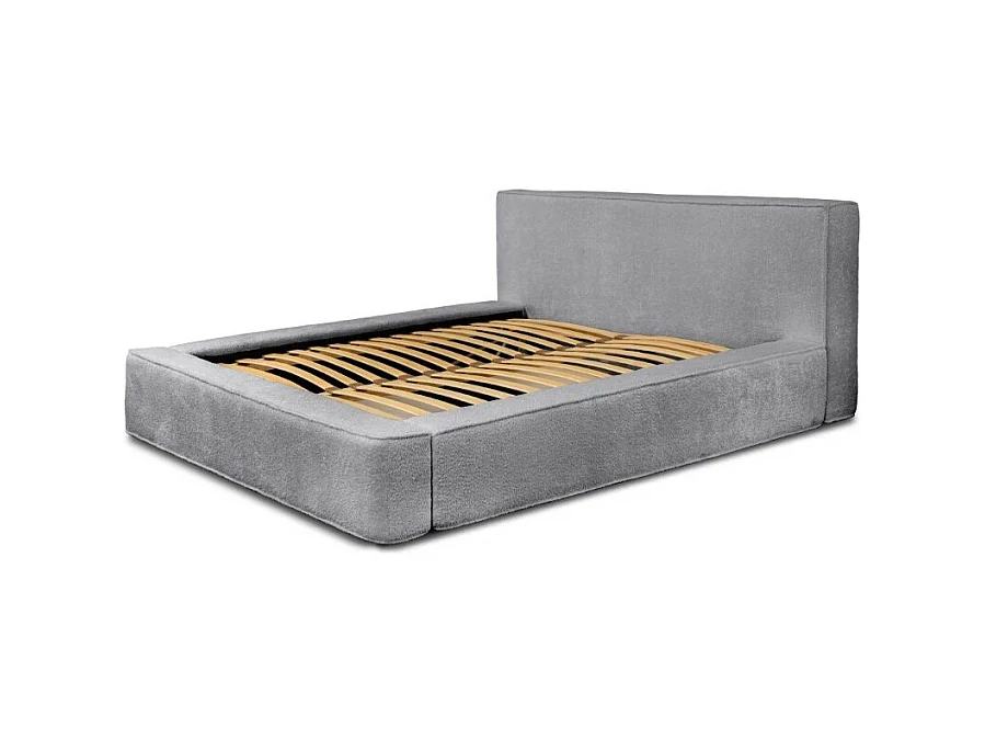 Cama con arcón DENALI – Gris perla rizado – 140x200 cm – Tela de terciopelo suave – Somier elevable – Almacenamiento integrado
