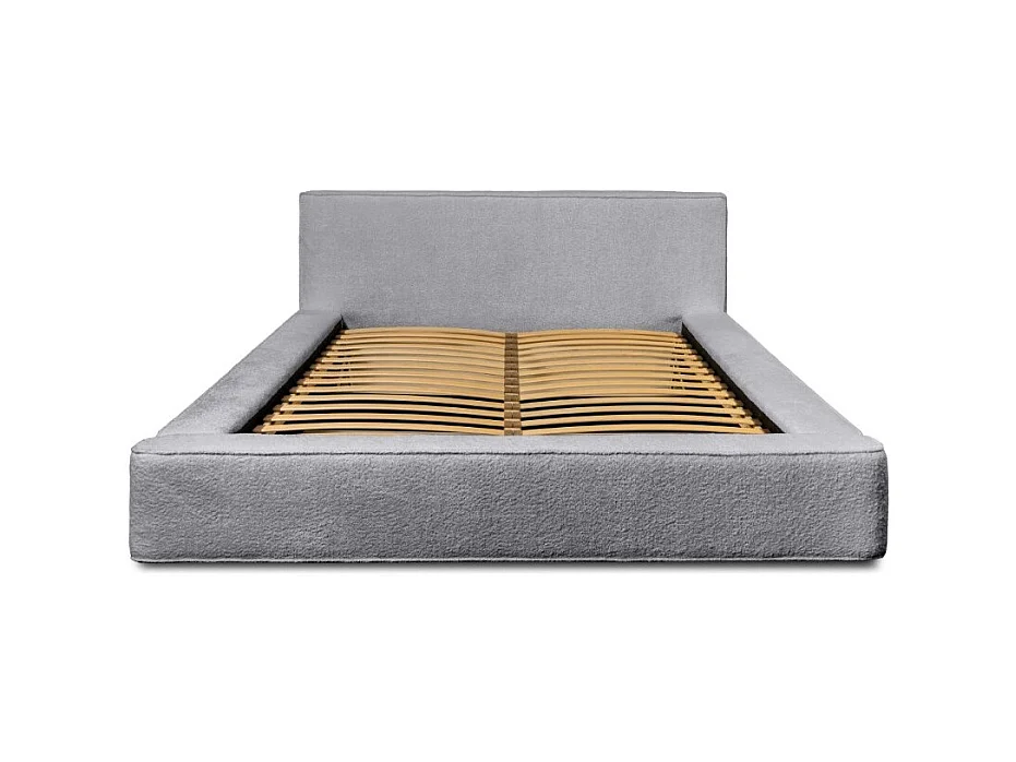 Cama con arcón DENALI – Gris perla rizado – 140x200 cm – Tela de terciopelo suave – Somier elevable – Almacenamiento integrado