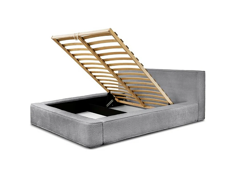 Cama con arcón DENALI – Gris perla rizado – 140x200 cm – Tela de terciopelo suave – Somier elevable – Almacenamiento integrado