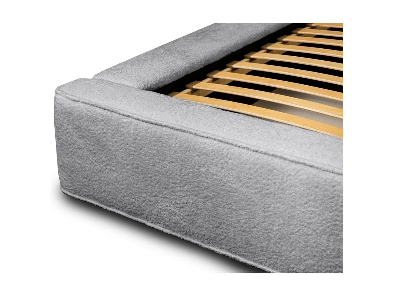 Cama con arcón DENALI – Gris perla rizado – 140x200 cm – Tela de terciopelo suave – Somier elevable – Almacenamiento integrado