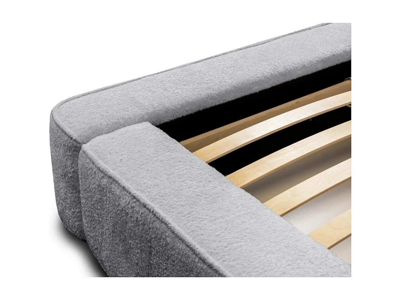 Cama con arcón DENALI – Gris perla rizado – 140x200 cm – Tela de terciopelo suave – Somier elevable – Almacenamiento integrado